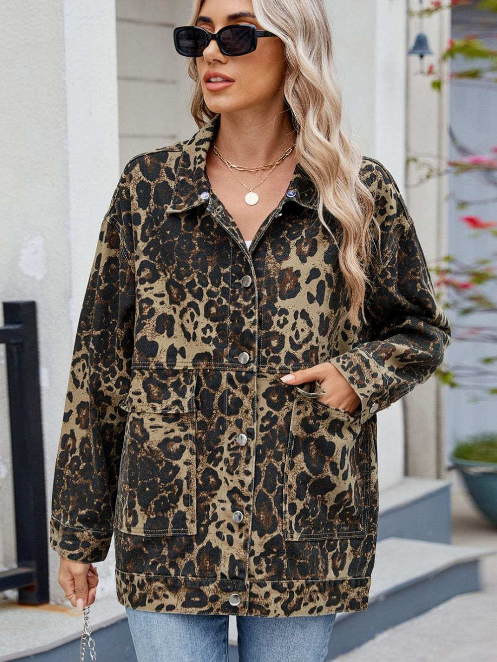 Leopard Button Up Drop Shoulder Denim Jacket - Trendsi - Flyclothing LLC