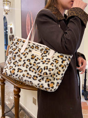 Leopard Faux Fur Tote Bag with Coin Purse - Trendsi
