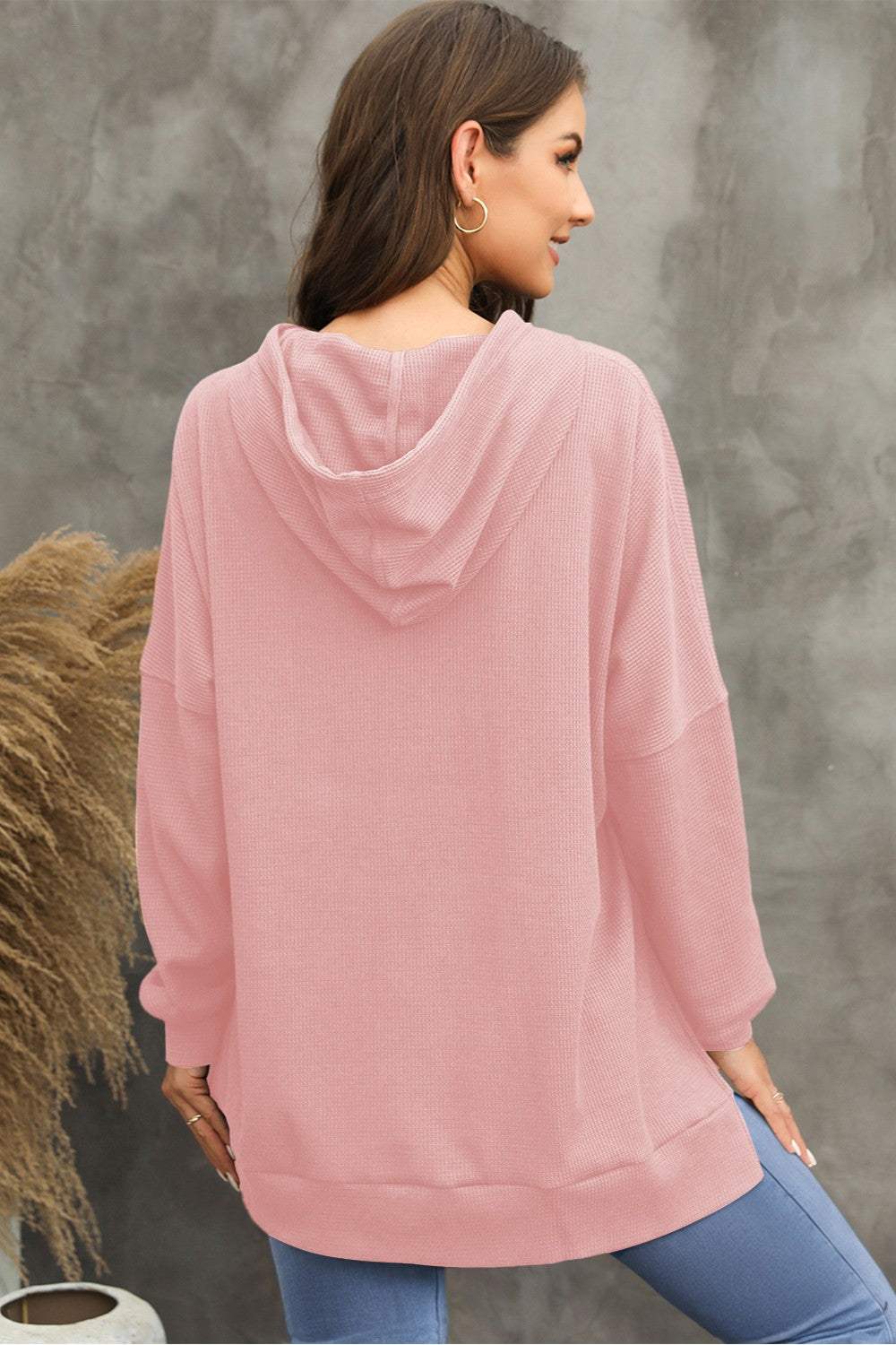 Waffle-Knit Long Sleeve Hoodie - Trendsi - Flyclothing LLC