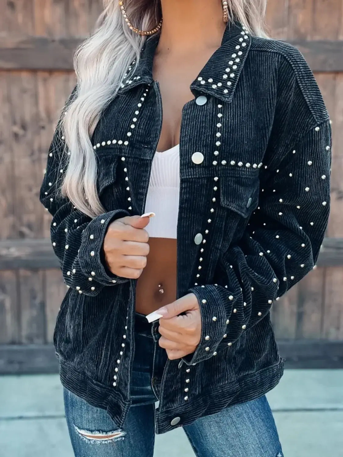 Studded Collared Neck Button Down Jacket - Trendsi - Flyclothing LLC
