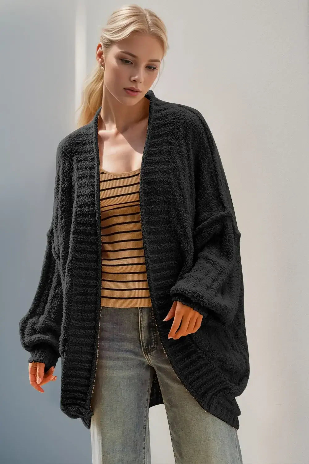Double Take Full Size Open Front Long Sleeve Cardigan - Trendsi - Flyclothing LLC