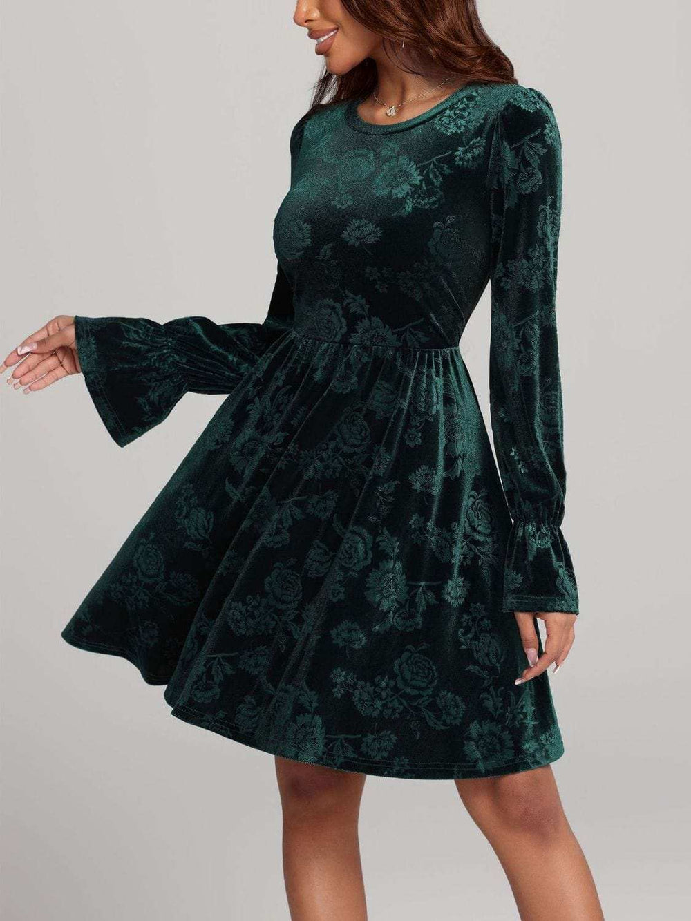 Tied Flower Print Round Neck Flounce Sleeve Dress - Trendsi - Flyclothing LLC