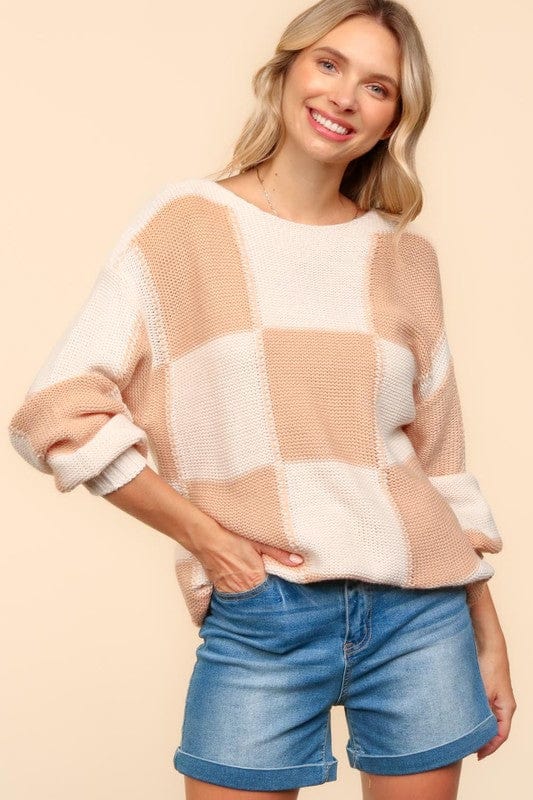 Haptics Full Size Checkered Round Neck Drop Shoulder Sweater - Trendsi