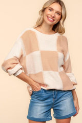 Haptics Full Size Checkered Round Neck Drop Shoulder Sweater - Trendsi