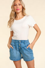 Haptics High Rise Button Fly Washed Denim Shorts - Trendsi