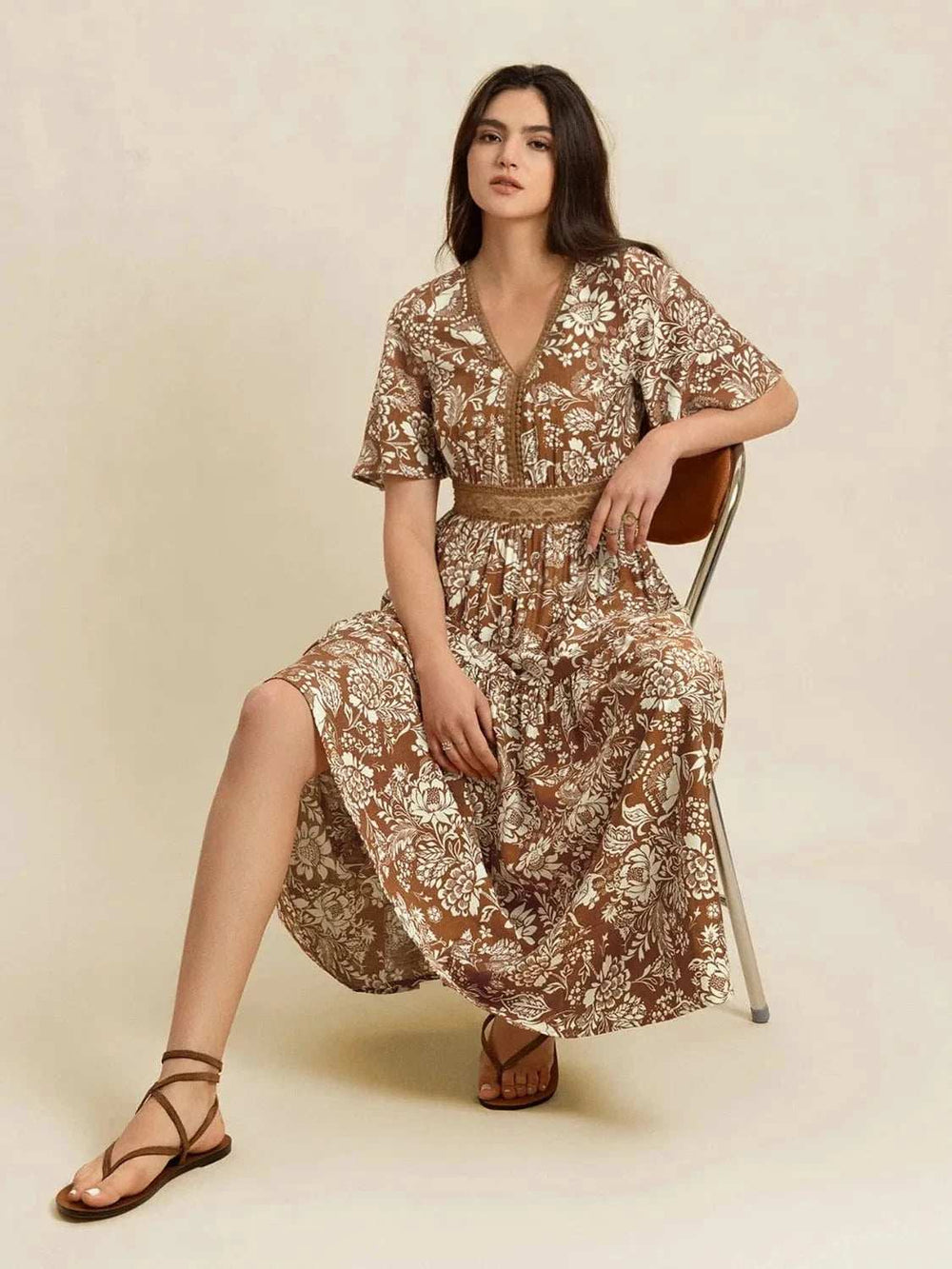 Lace Detail Printed Short Sleeve Midi Dress - Trendsi - Flyclothing LLC