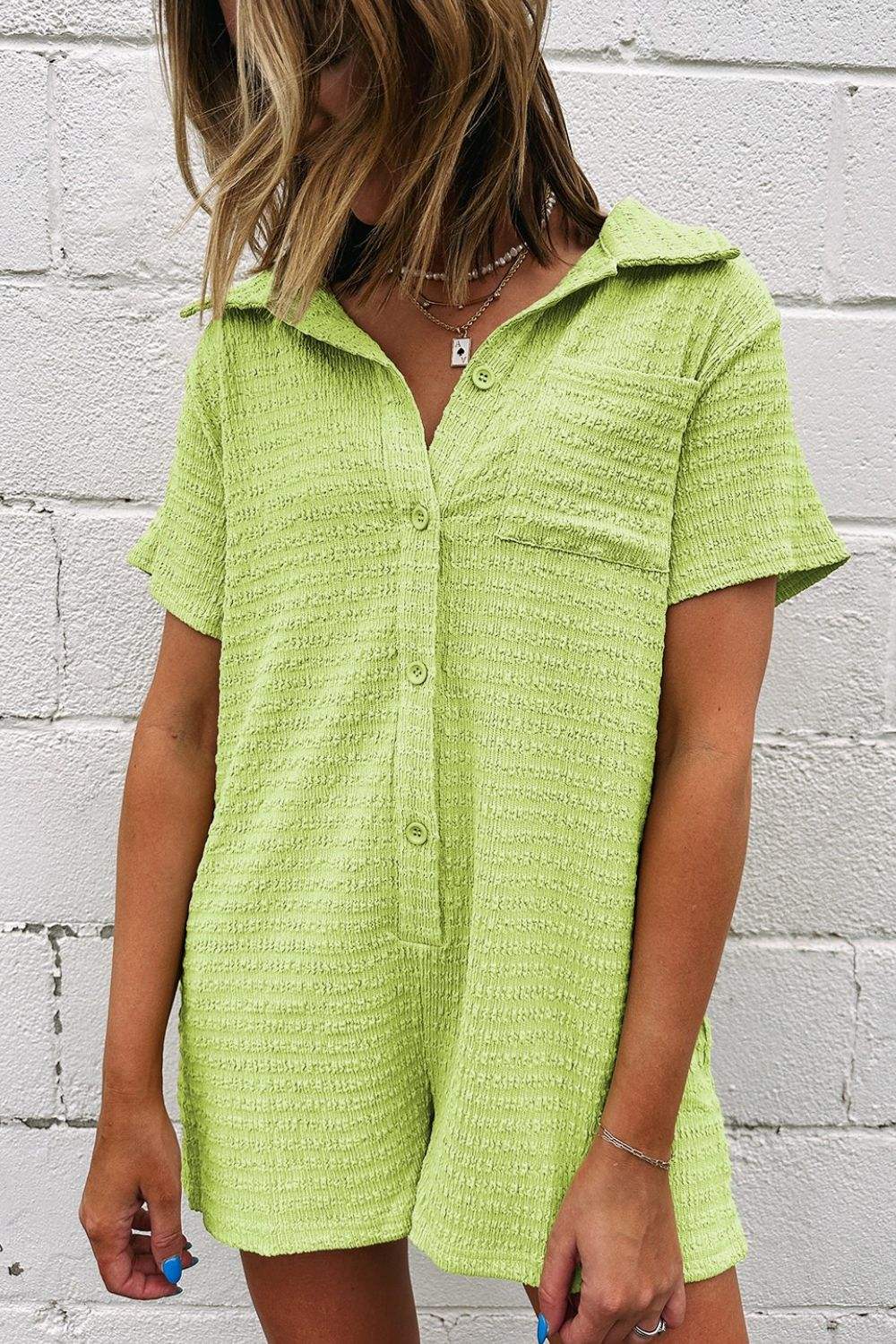Textured Short Sleeve Patched Pocket Buttoned Romper - Trendsi - Flyclothing LLC