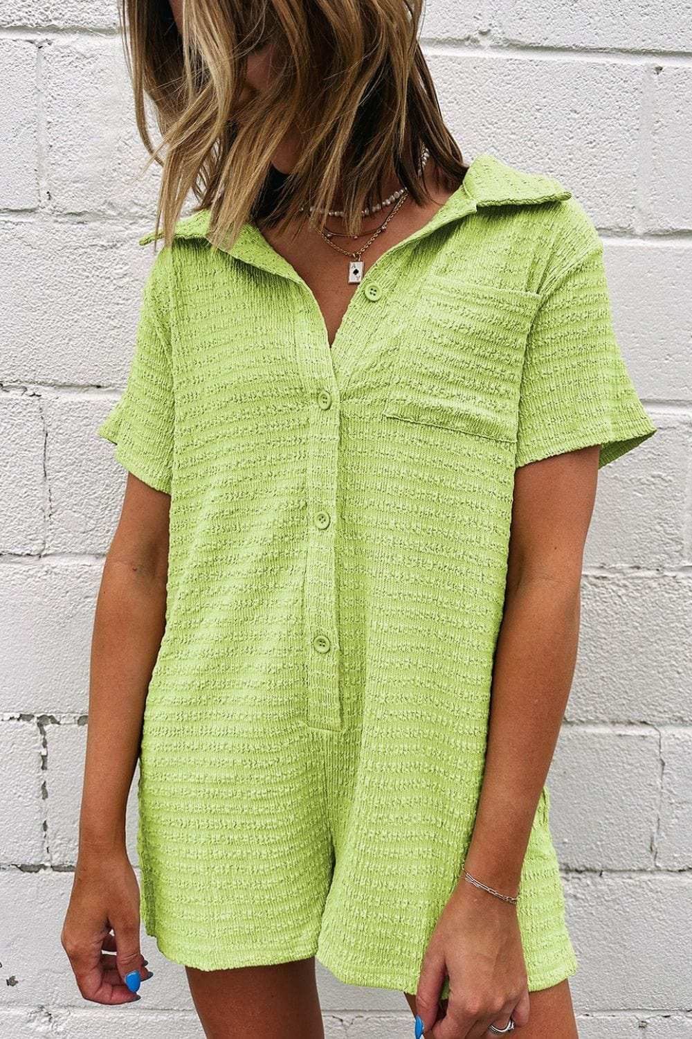 Textured Short Sleeve Patched Pocket Buttoned Romper - Trendsi - Flyclothing LLC