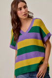 SO ME Mardi Gras Loose Fit V Neck Stripe Sweater Top - Trendsi - Flyclothing LLC