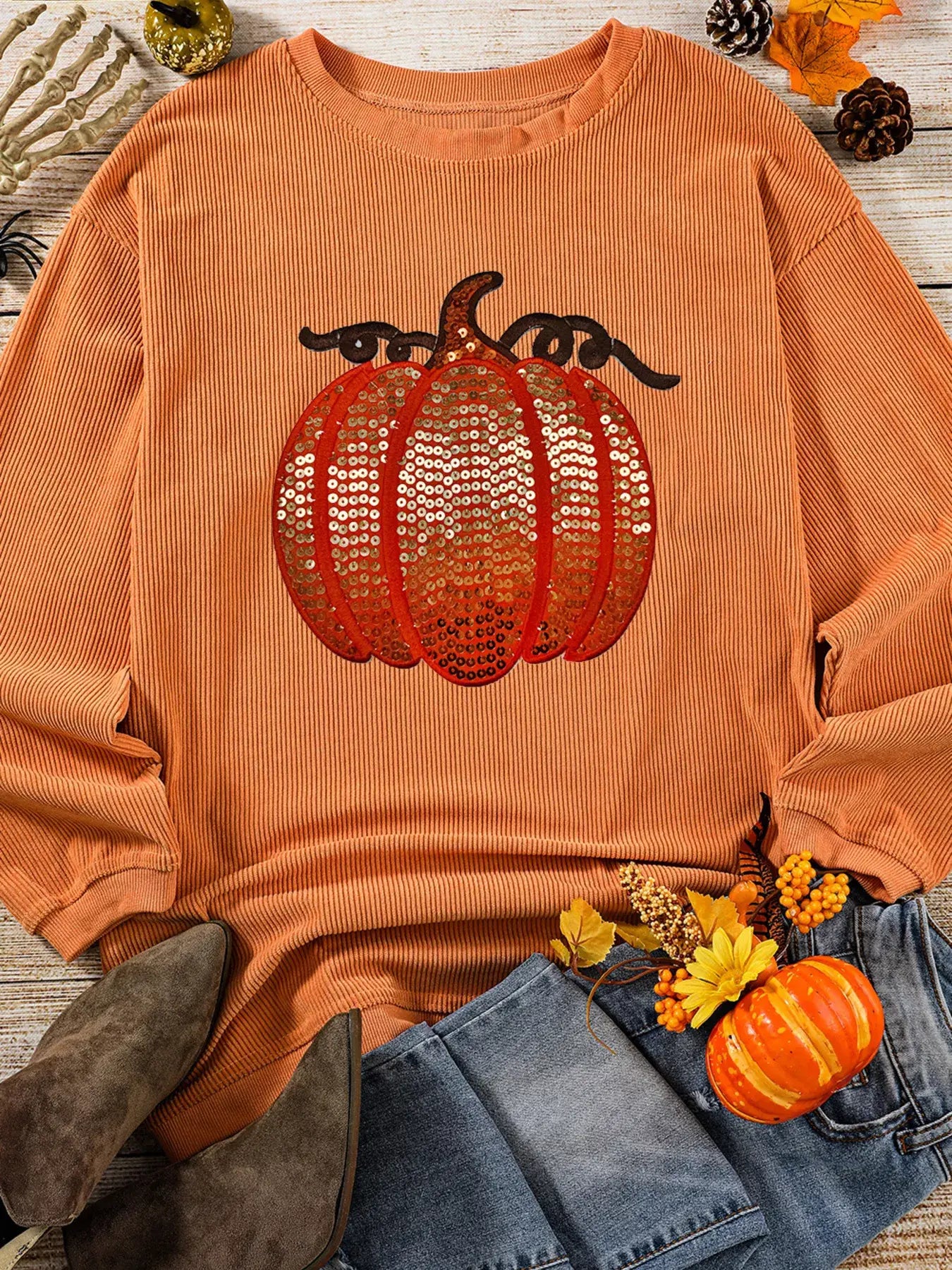 Halloween Sequined Pumpkin Ribbed Round Neck Sweatshirt - Trendsi - Flyclothing LLC