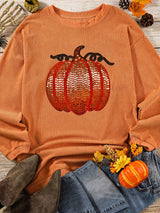 Halloween Sequined Pumpkin Ribbed Round Neck Sweatshirt - Trendsi - Flyclothing LLC