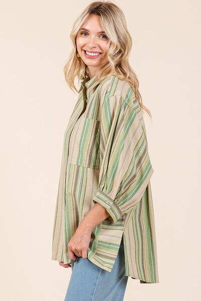Mittoshop Striped Bubble Sleeve Button Down Shirt - Trendsi - Flyclothing LLC