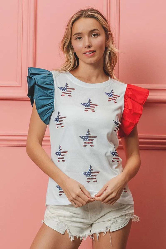 BiBi American Flag Sequin Stars Top - Trendsi - Flyclothing LLC