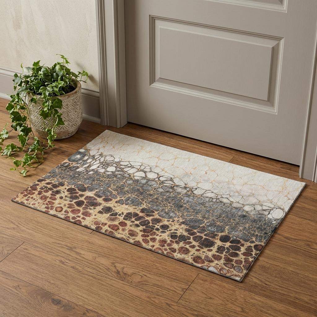 3' X 5' Ivory Gray And Gold Abstract Distressed Washable Area Rug With UV Protection - HomeRoots - Flyclothing LLC