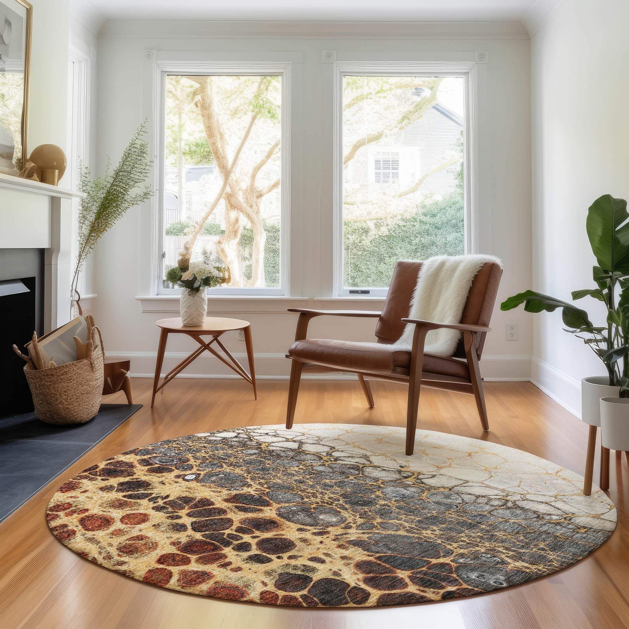 8' Ivory Gray And Gold Abstract Washable Round Rug With UV Protection - HomeRoots - Flyclothing LLC