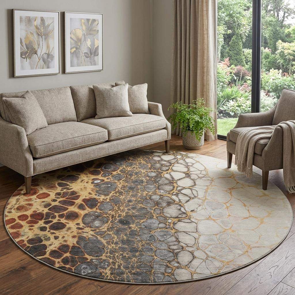 8' Ivory Gray And Gold Abstract Washable Round Rug With UV Protection - HomeRoots - Flyclothing LLC