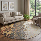 8' Ivory Gray And Gold Abstract Washable Round Rug With UV Protection - HomeRoots - Flyclothing LLC