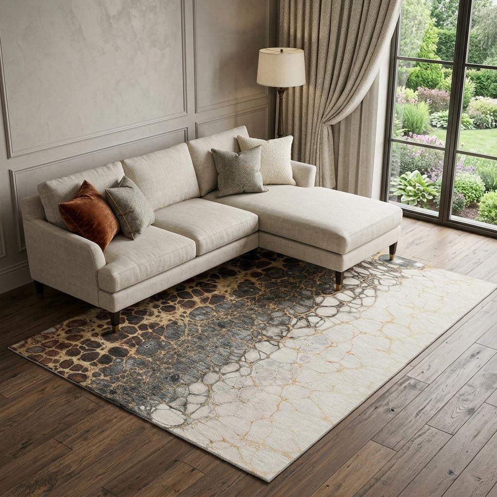 8' X 10' Ivory Gray And Gold Abstract Distressed Washable Area Rug With UV Protection - HomeRoots - Flyclothing LLC