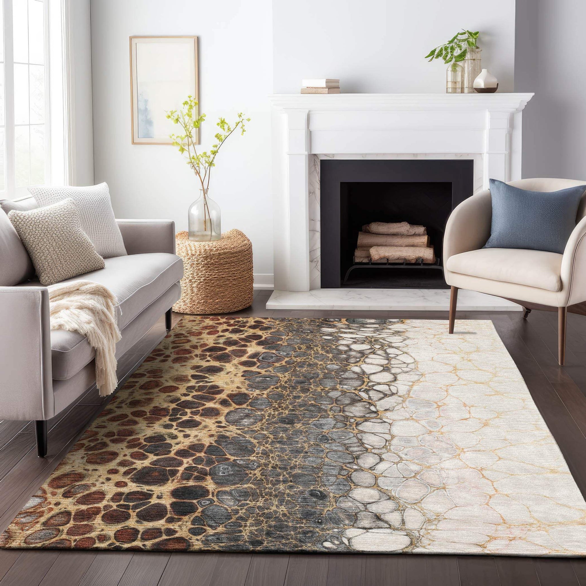 9' X 12' Ivory Gray And Gold Abstract Distressed Washable Area Rug With UV Protection - HomeRoots - Flyclothing LLC