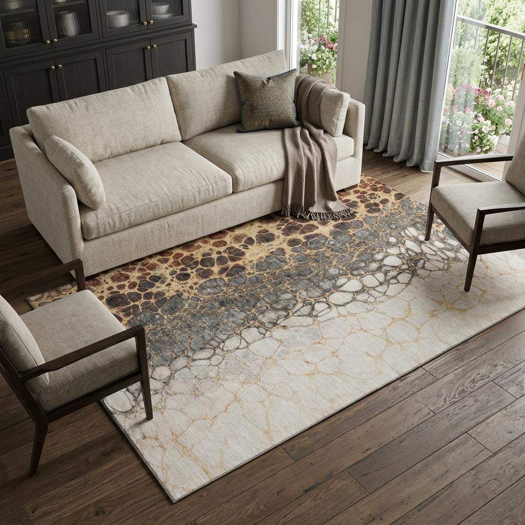 9' X 12' Ivory Gray And Gold Abstract Distressed Washable Area Rug With UV Protection - HomeRoots - Flyclothing LLC