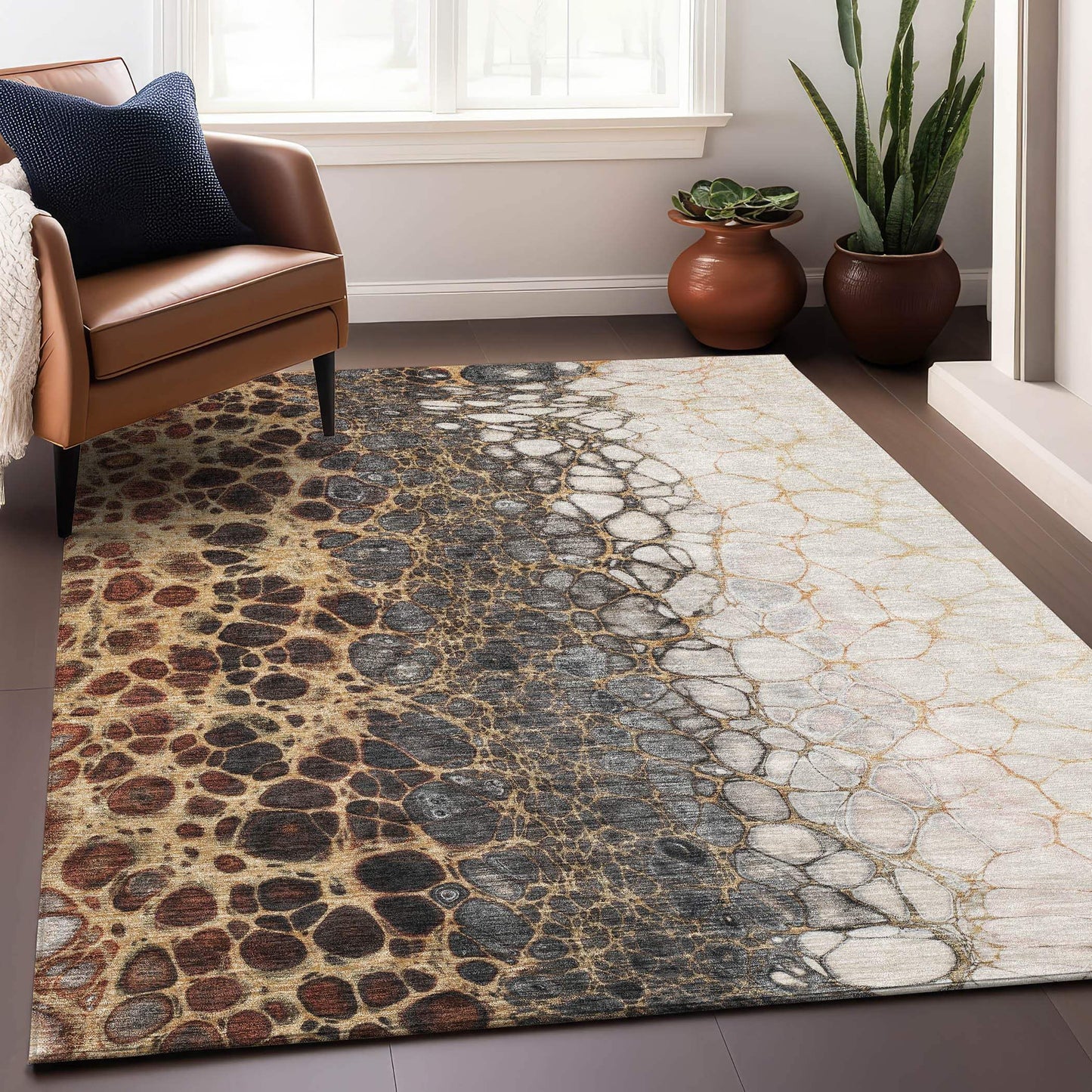 9' X 12' Ivory Gray And Gold Abstract Distressed Washable Area Rug With UV Protection - HomeRoots - Flyclothing LLC