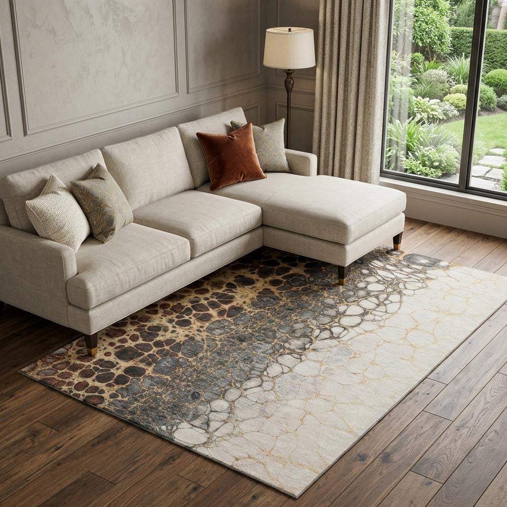 10' X 14' Ivory Gray And Gold Abstract Distressed Washable Area Rug With UV Protection - HomeRoots - Flyclothing LLC