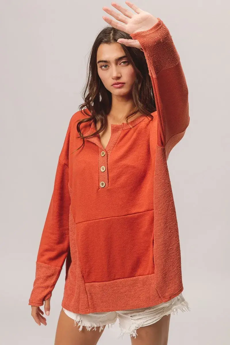 BiBi French Terry Knit Side Block Buttoned Henley Top - Trendsi - Flyclothing LLC