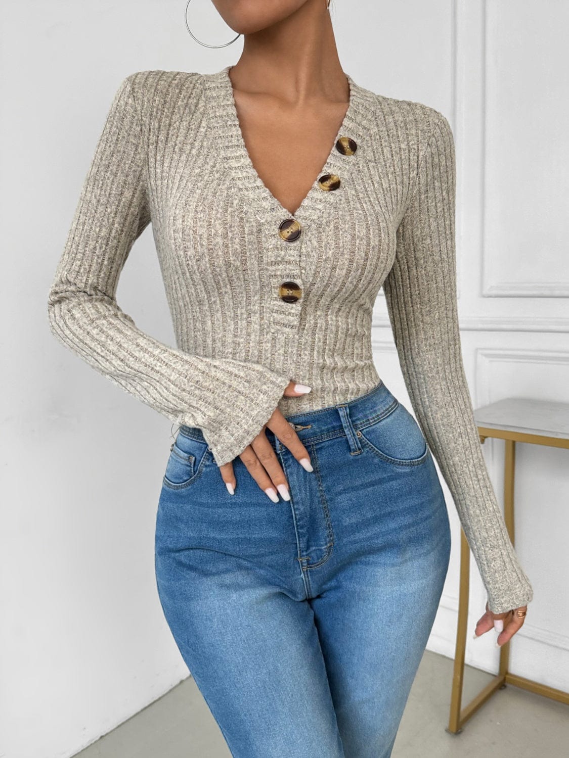 Perfee V-Neck Long Sleeve Bodysuit - Trendsi