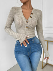 Perfee V-Neck Long Sleeve Bodysuit - Trendsi