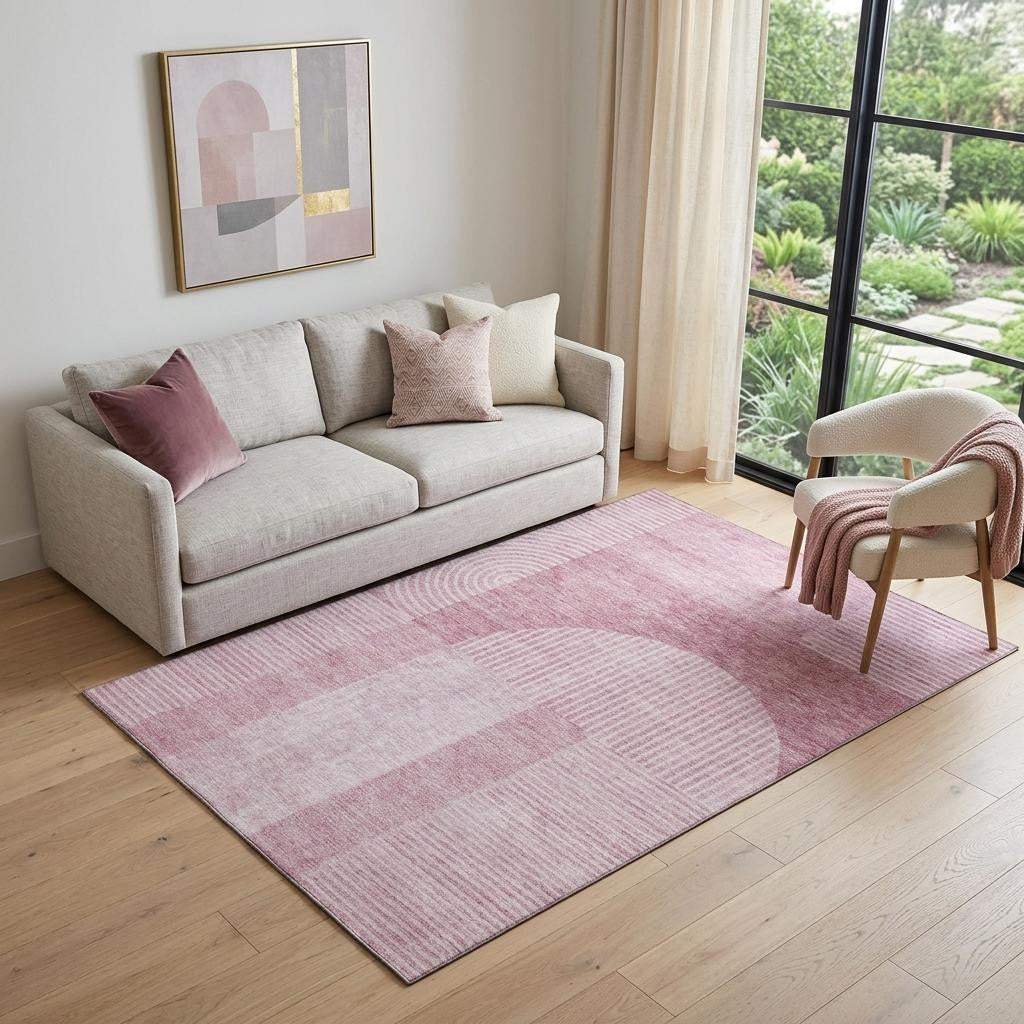 5' X 8' Blush And Ivory Geometric Washable Area Rug With UV Protection - HomeRoots - Flyclothing LLC
