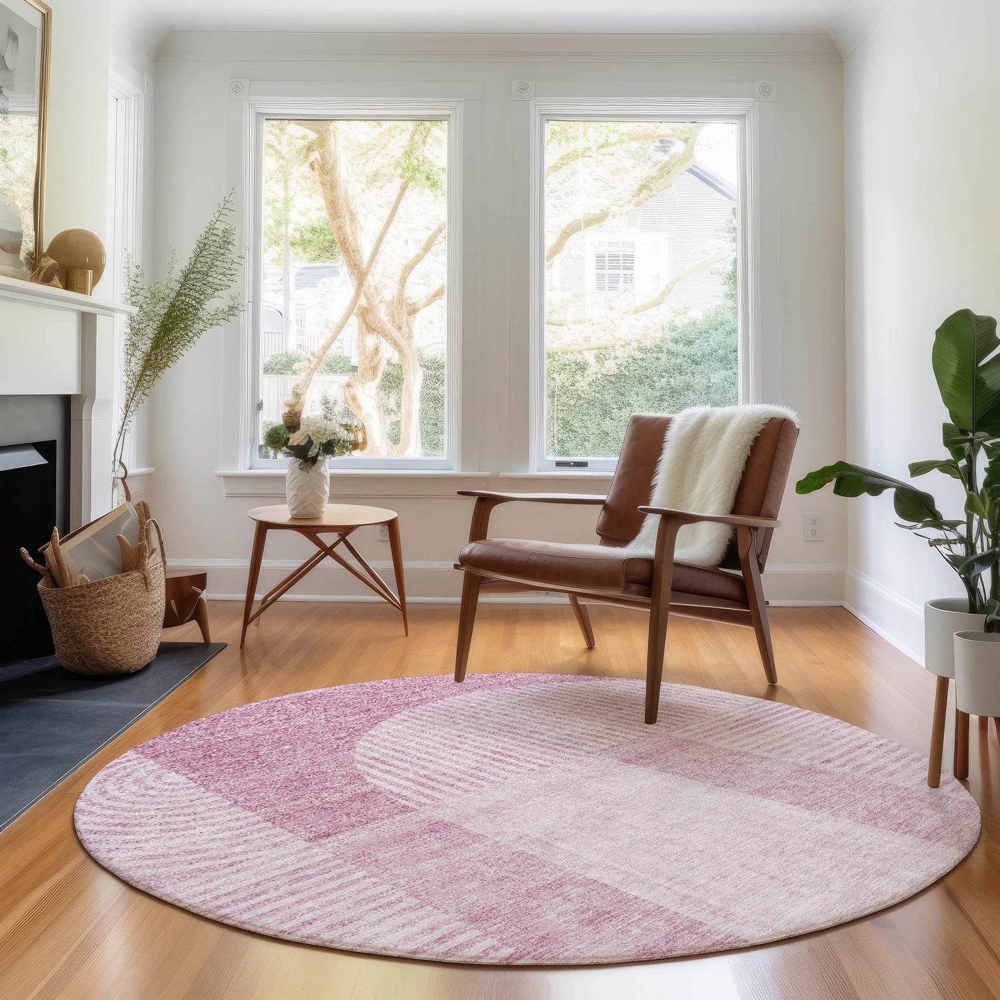 8' Blush And Ivory Geometric Washable Round Rug With UV Protection - HomeRoots - Flyclothing LLC