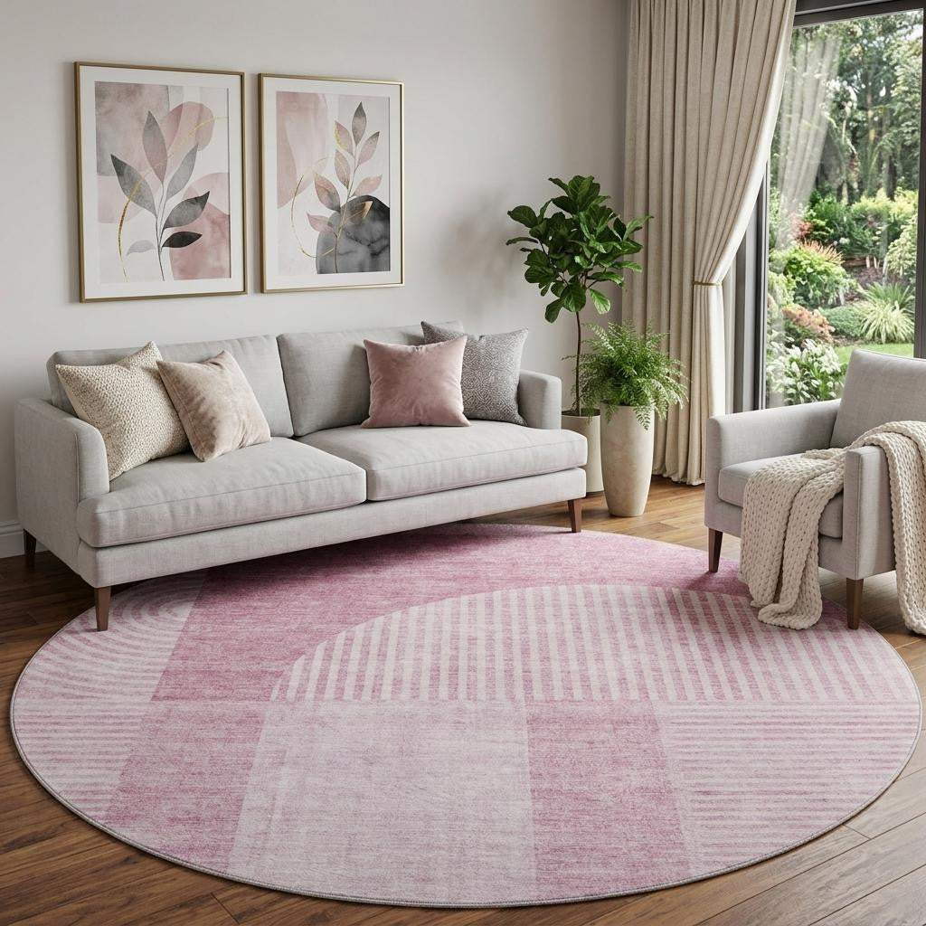 8' Blush And Ivory Geometric Washable Round Rug With UV Protection - HomeRoots - Flyclothing LLC