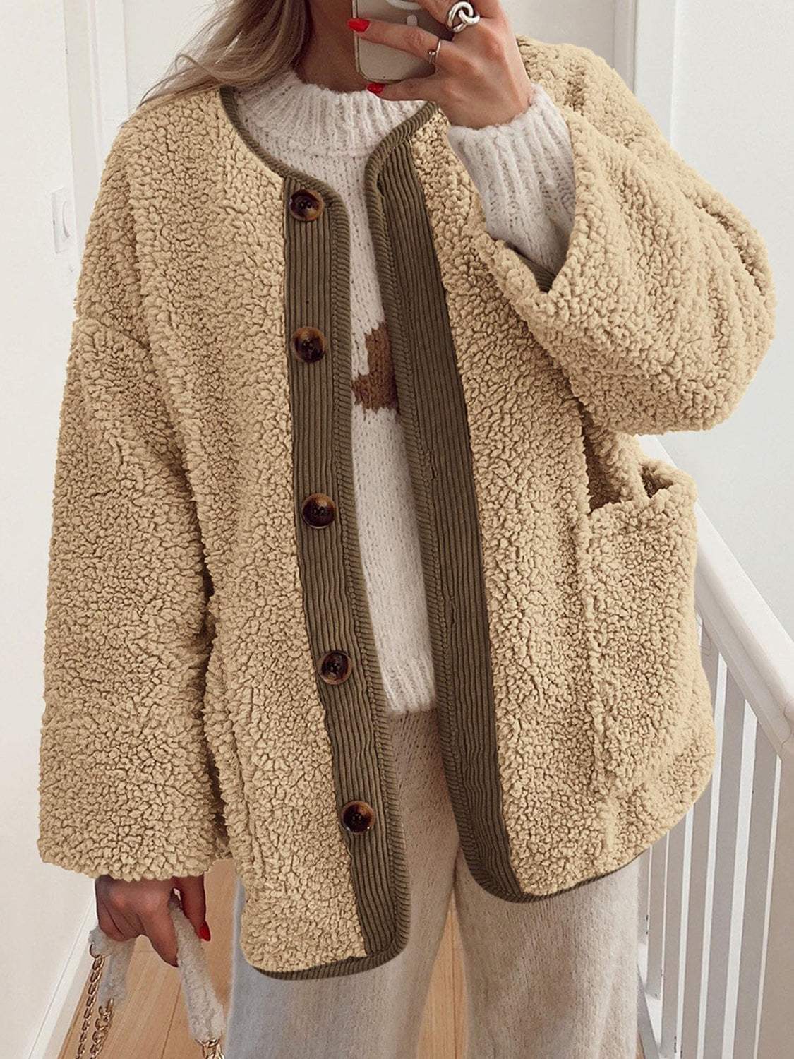 Contrast Button Up Sherpa Jacket with Pockets - Trendsi - Flyclothing LLC