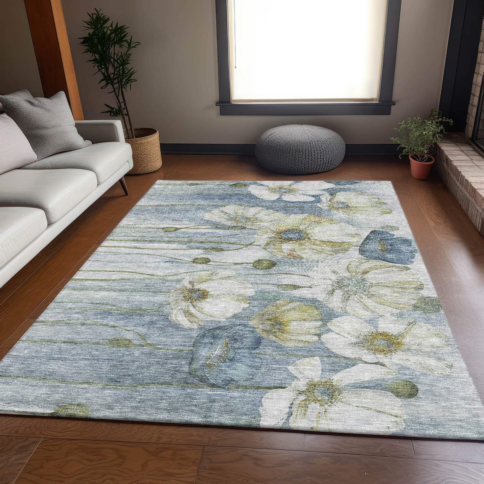 3' X 5' Blue Ivory And Gold Floral Washable Area Rug With UV Protection - HomeRoots - Flyclothing LLC
