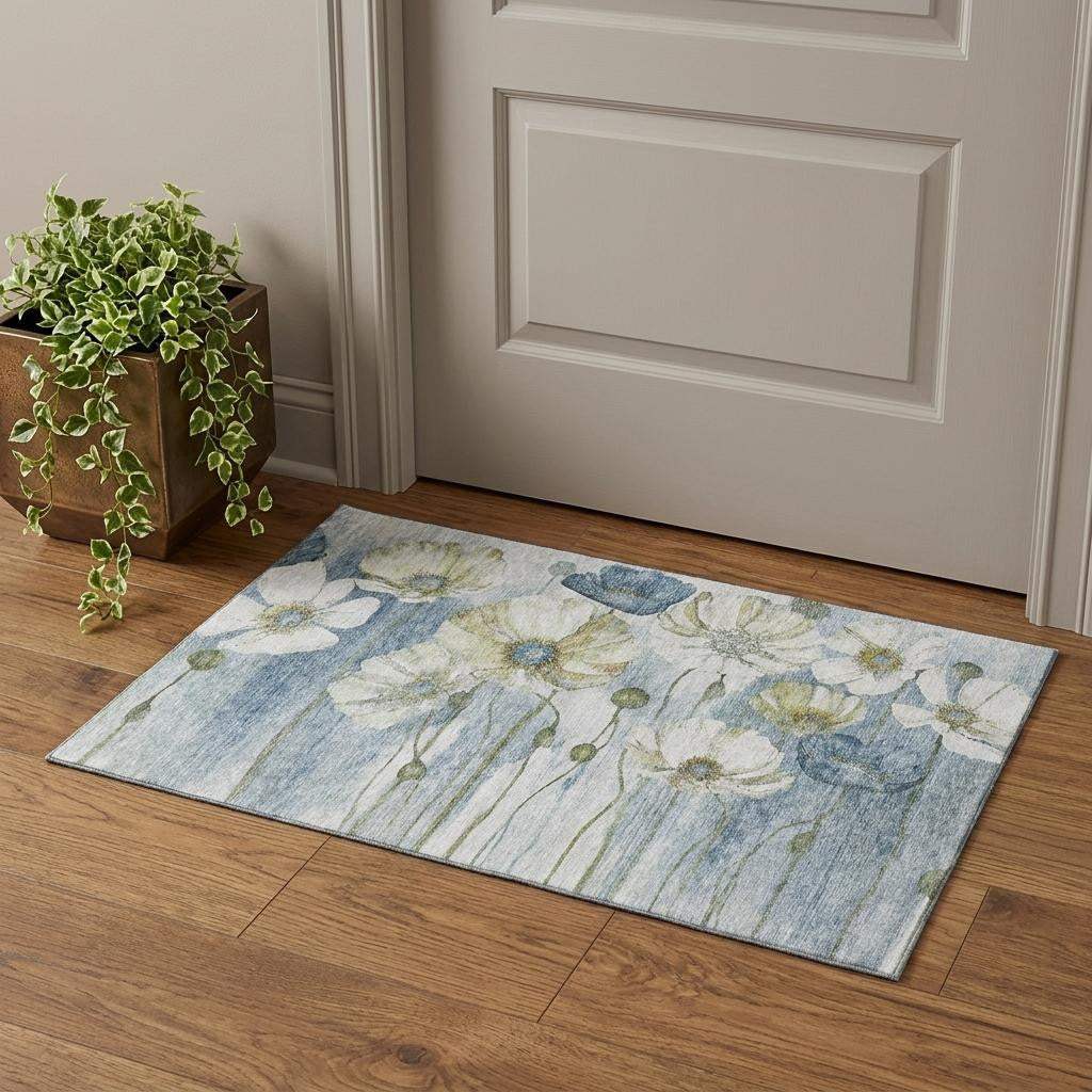 3' X 5' Blue Ivory And Gold Floral Washable Area Rug With UV Protection - HomeRoots - Flyclothing LLC