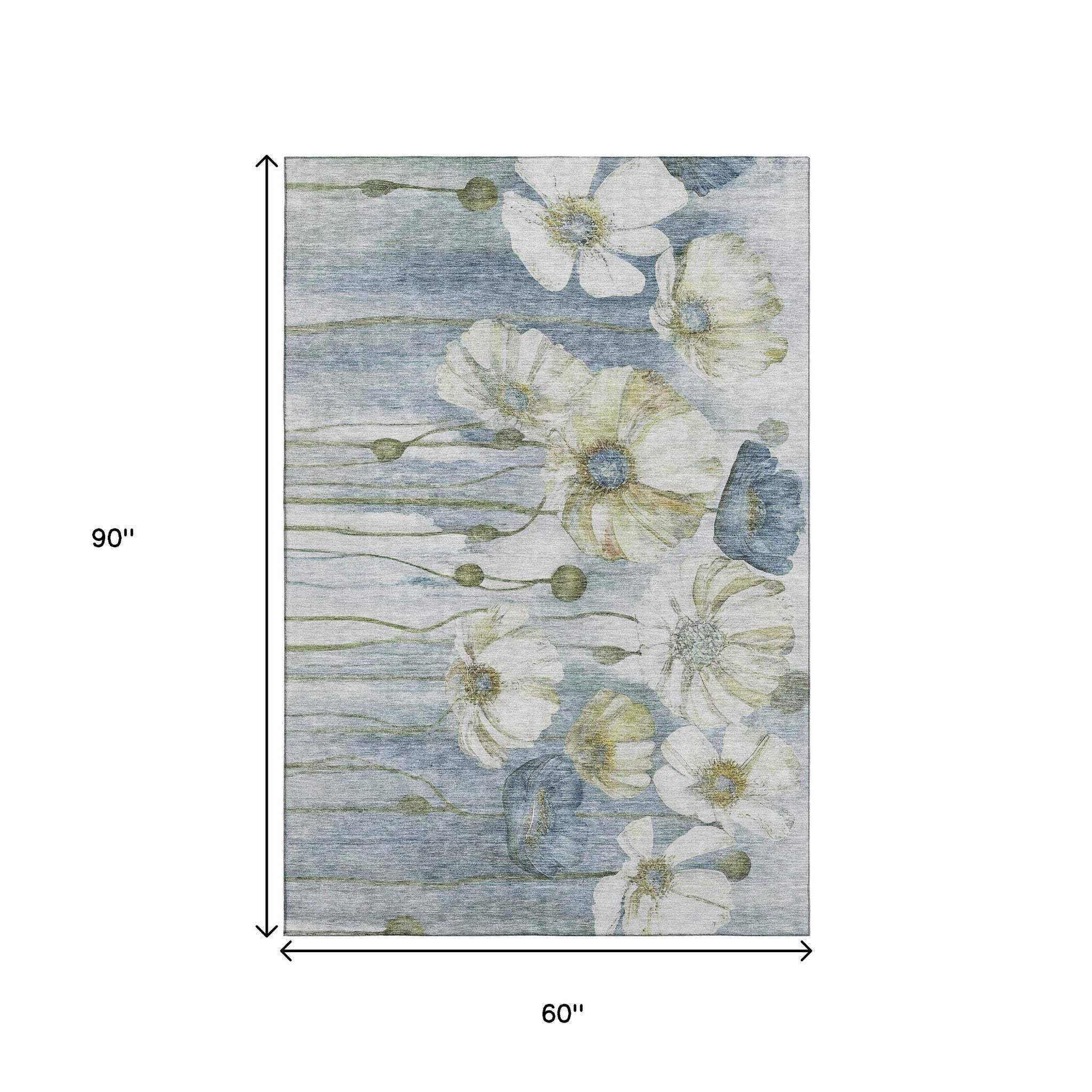 5' X 8' Blue Ivory And Gold Floral Washable Area Rug With UV Protection - HomeRoots - Flyclothing LLC