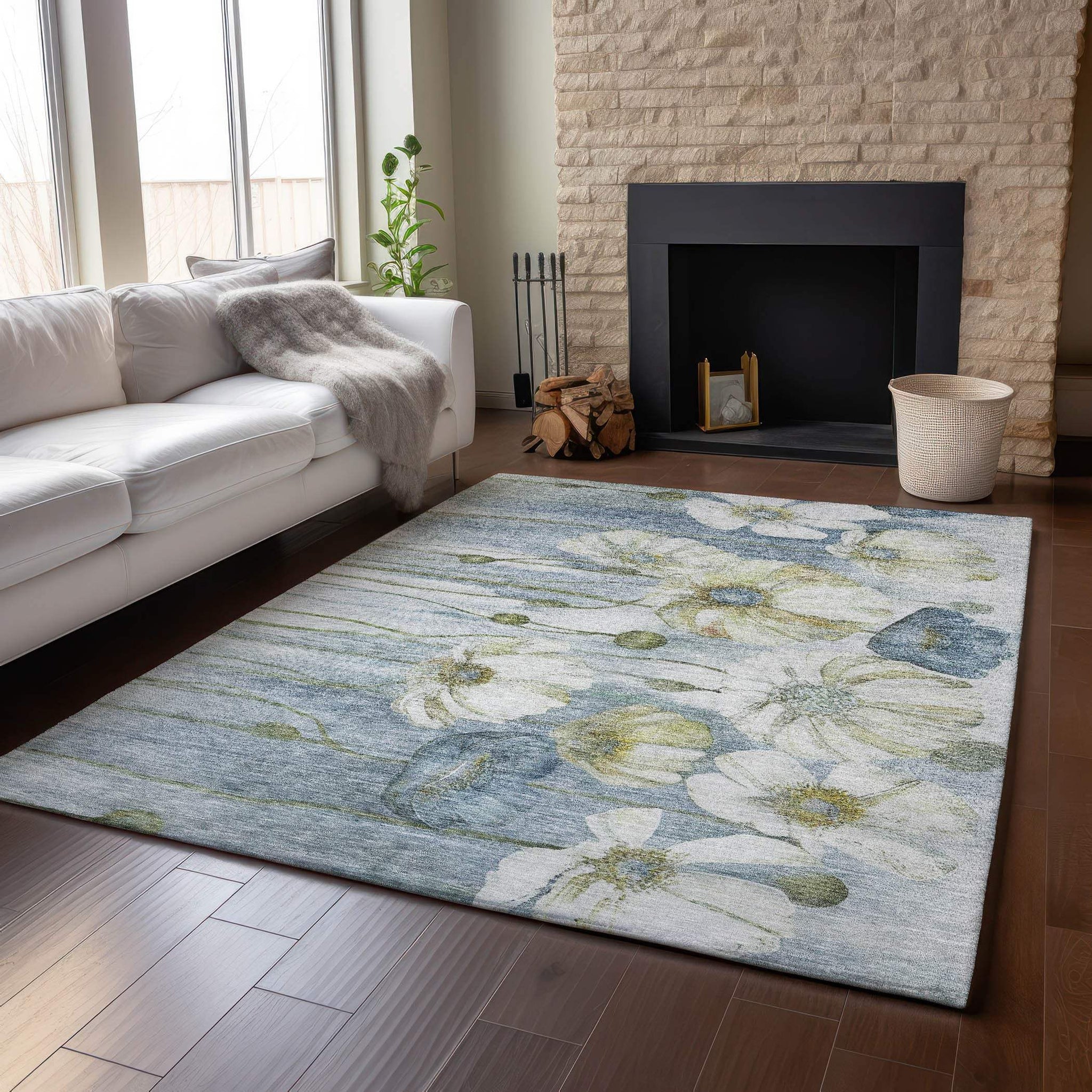 5' X 8' Blue Ivory And Gold Floral Washable Area Rug With UV Protection - HomeRoots - Flyclothing LLC