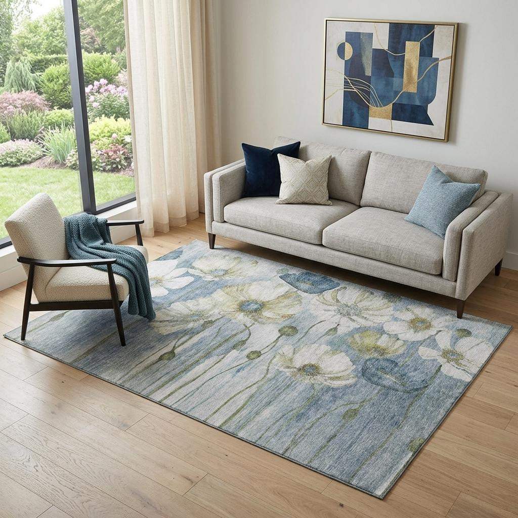 5' X 8' Blue Ivory And Gold Floral Washable Area Rug With UV Protection - HomeRoots - Flyclothing LLC