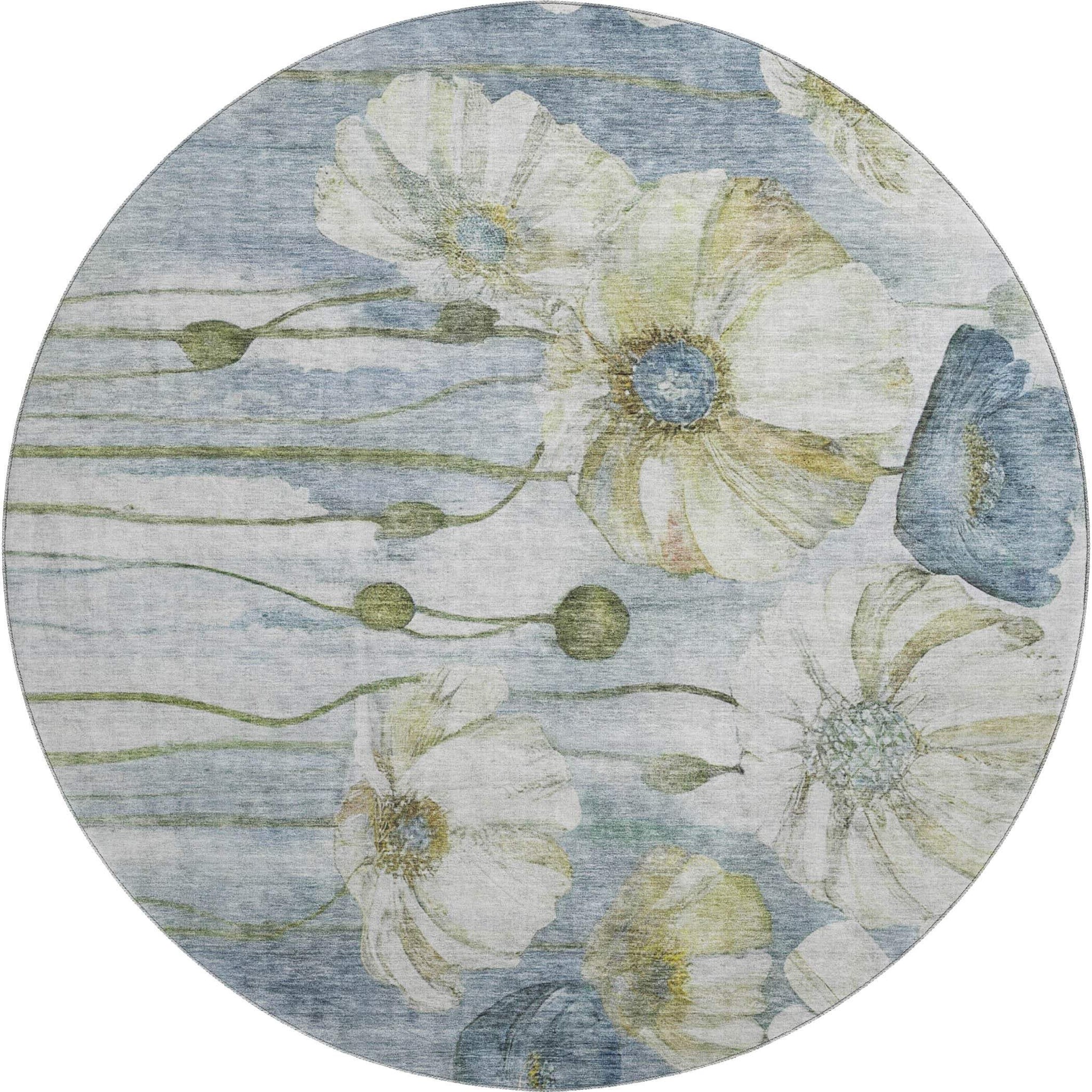 8' Blue Ivory And Gold Floral Washable Round Rug With UV Protection - HomeRoots - Flyclothing LLC