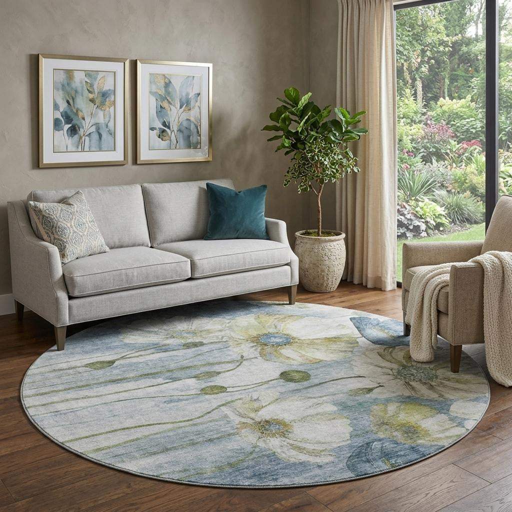 8' Blue Ivory And Gold Floral Washable Round Rug With UV Protection - HomeRoots - Flyclothing LLC