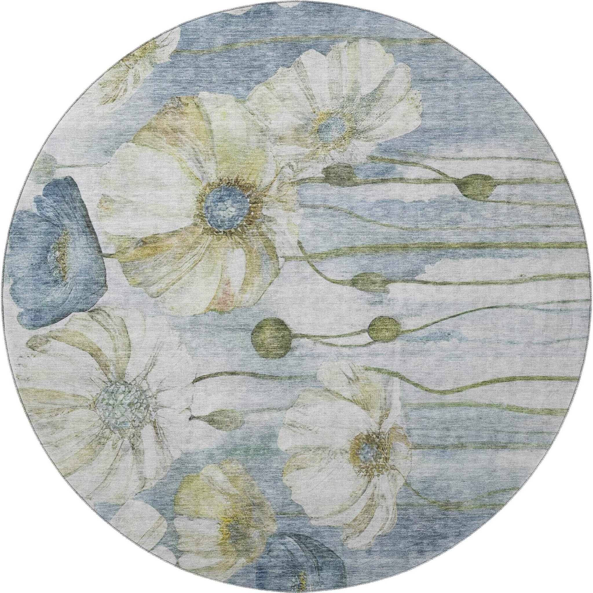 8' Blue Ivory And Gold Floral Washable Round Rug With UV Protection - HomeRoots - Flyclothing LLC