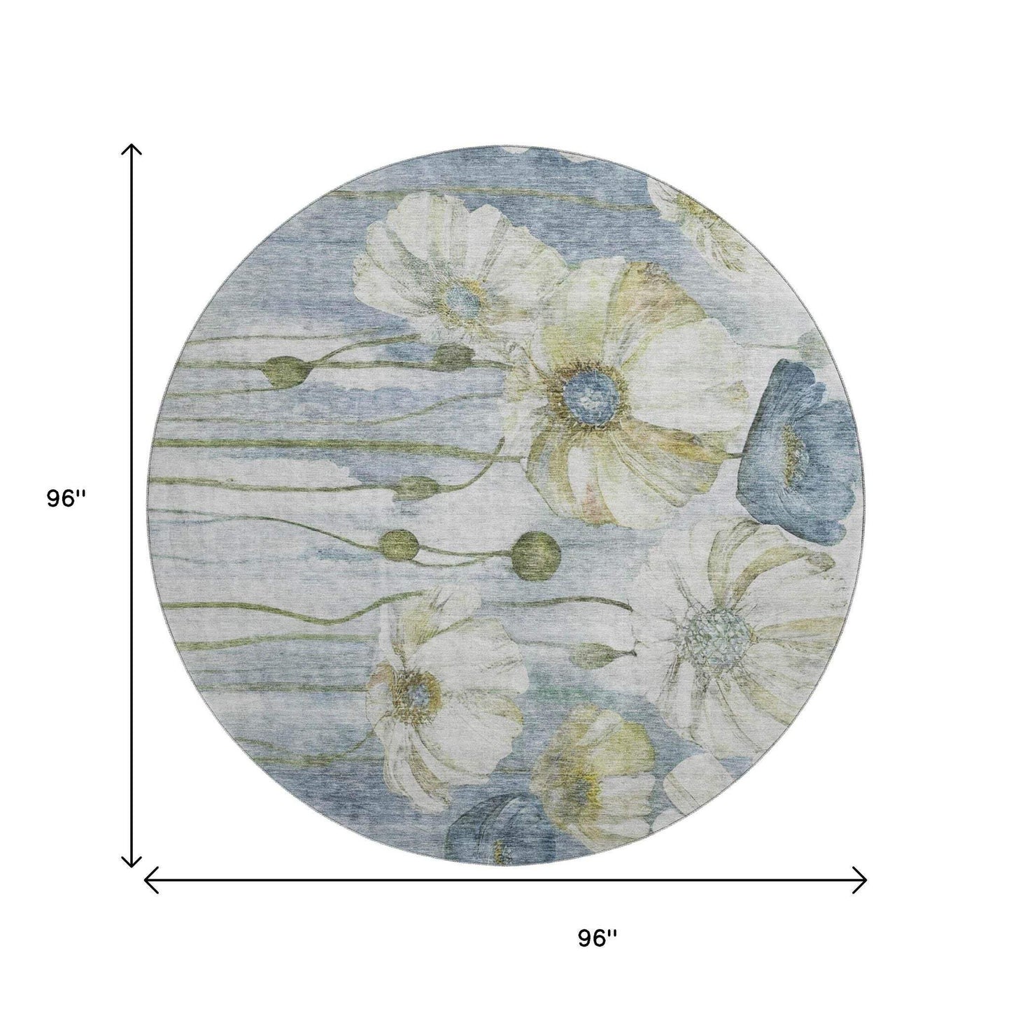 8' Blue Ivory And Gold Floral Washable Round Rug With UV Protection - HomeRoots - Flyclothing LLC
