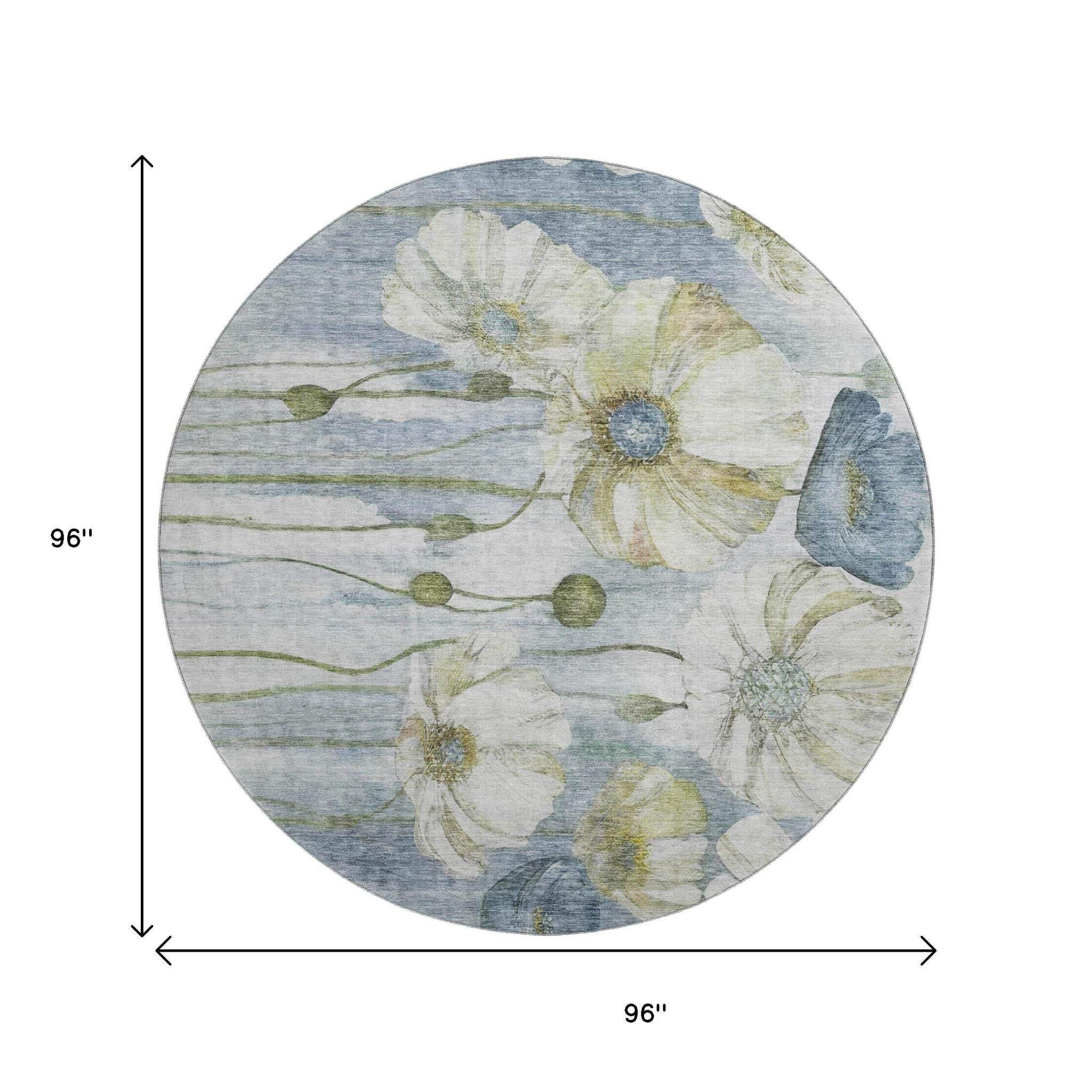 8' Blue Ivory And Gold Floral Washable Round Rug With UV Protection - HomeRoots - Flyclothing LLC