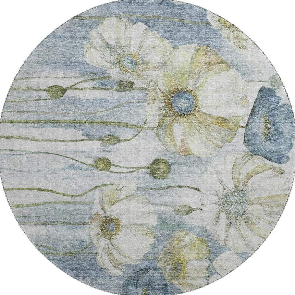 8' Blue Ivory And Gold Floral Washable Round Rug With UV Protection - HomeRoots - Flyclothing LLC