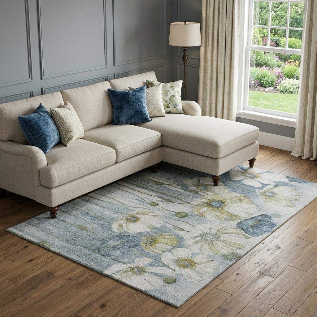 8' X 10' Blue Ivory And Gold Floral Washable Area Rug With UV Protection - HomeRoots - Flyclothing LLC