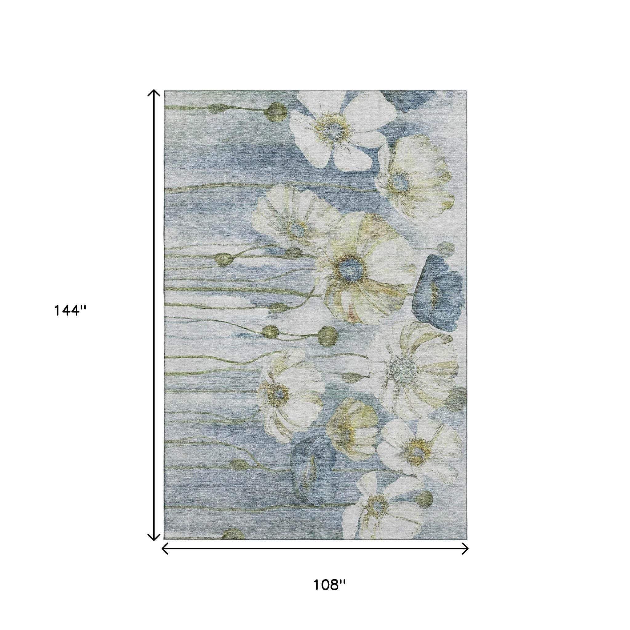 9' X 12' Blue Ivory And Gold Floral Washable Area Rug With UV Protection - HomeRoots - Flyclothing LLC