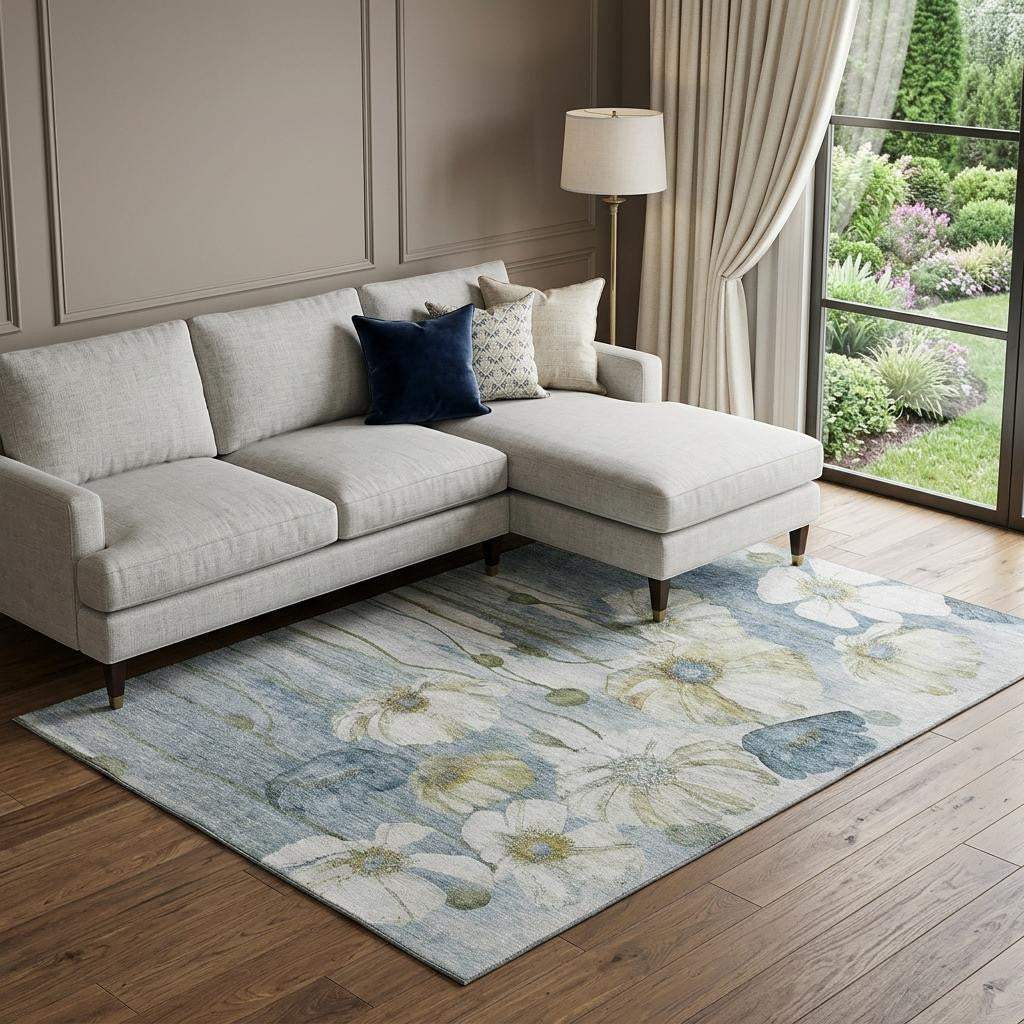 9' X 12' Blue Ivory And Gold Floral Washable Area Rug With UV Protection - HomeRoots - Flyclothing LLC
