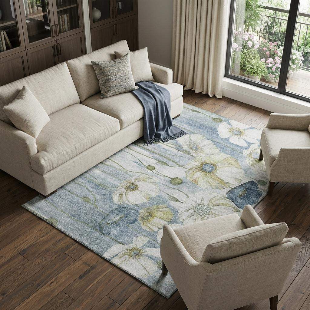 10' X 14' Blue Ivory And Gold Floral Washable Area Rug With UV Protection - HomeRoots - Flyclothing LLC