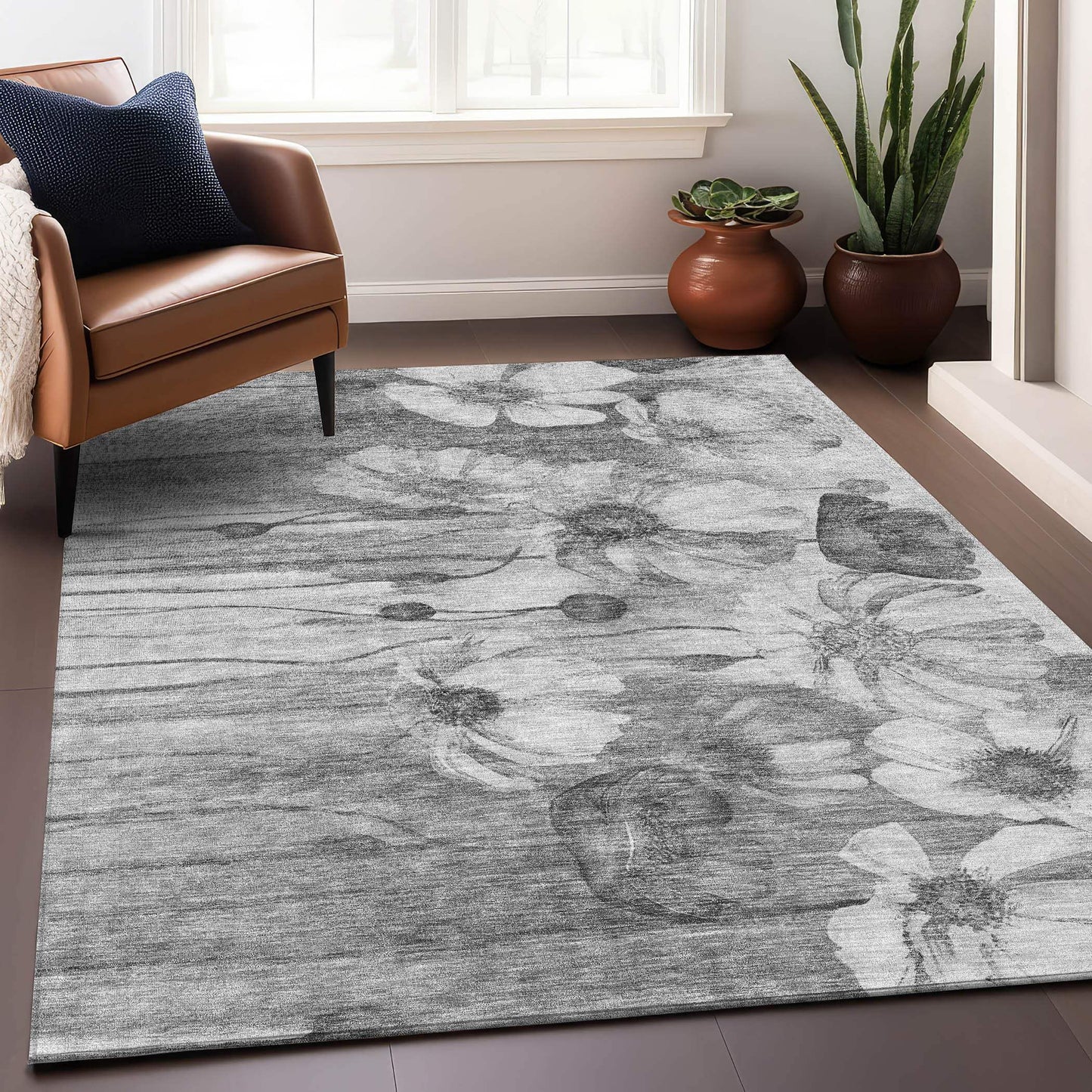 3' X 5' Gray And Silver Floral Washable Area Rug With UV Protection - HomeRoots - Flyclothing LLC