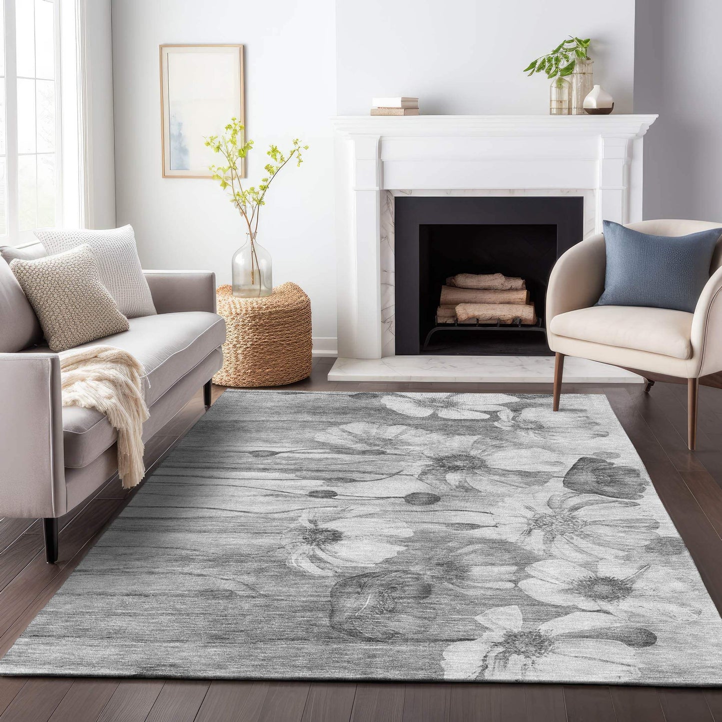 5' X 8' Gray And Silver Floral Washable Area Rug With UV Protection - HomeRoots - Flyclothing LLC
